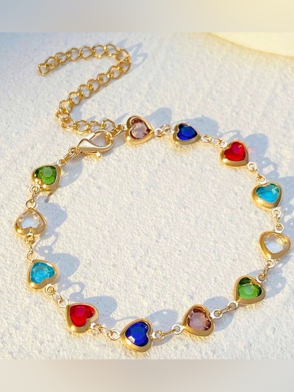 Sourpuss Gold Heart Bracelet with Red, Blue, Green, Turquoise & Pink Crystals